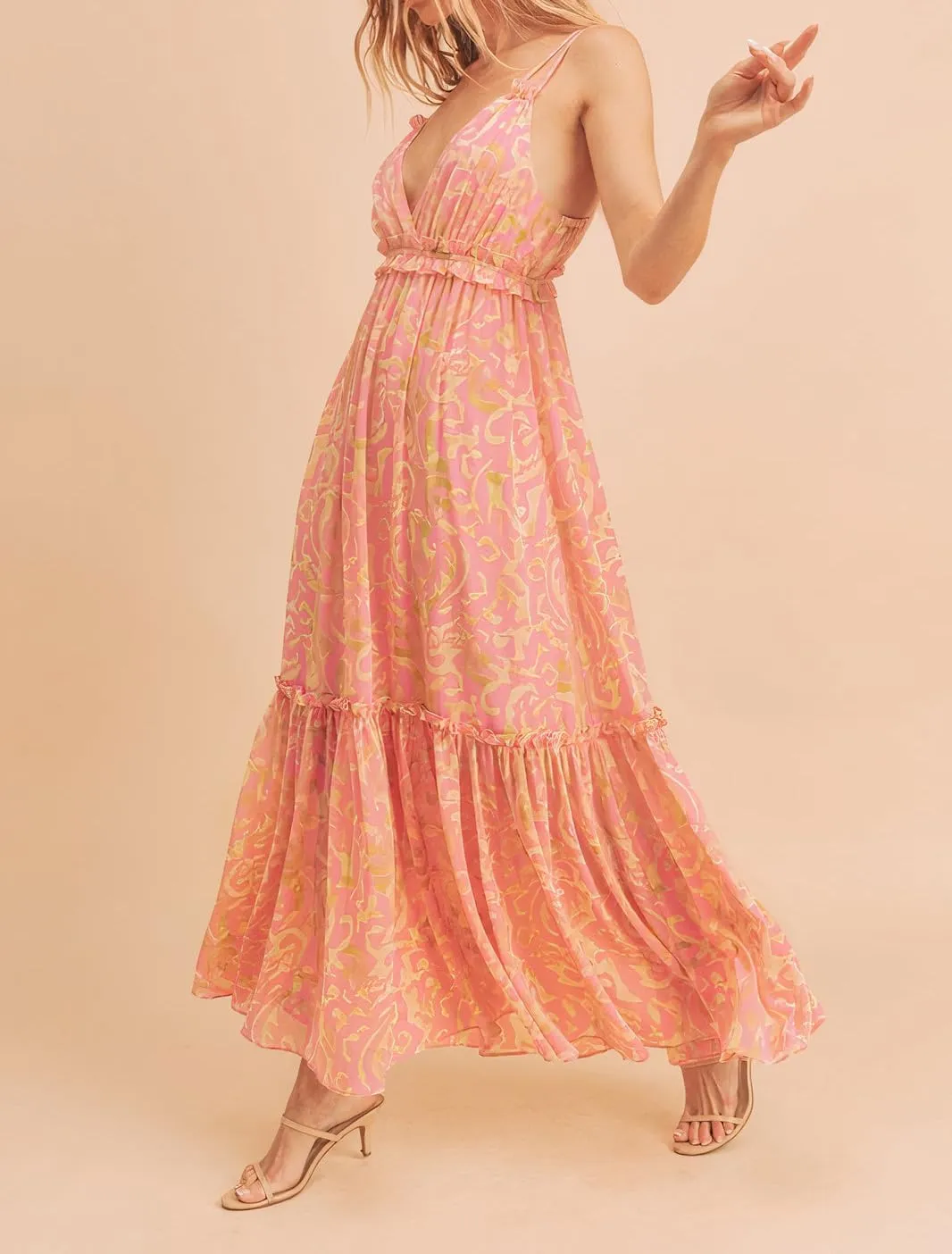 Women Spaghetti Strap Tie Shoulder Floral Maxi Dress Y2k Lace Trim Ruffle Long Dress Summer Boho Flowy Sundress