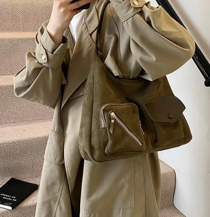 Women Vintage Fashion Large Capacity Tote Bag Shoulder Bag Slouchy Hobo Bag Suede Underarm Bag Casual Satchel Purse