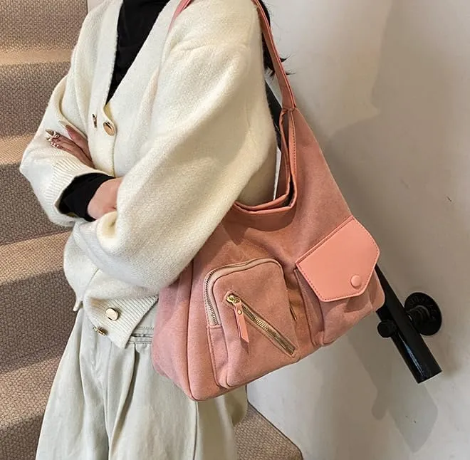 Women Vintage Fashion Large Capacity Tote Bag Shoulder Bag Slouchy Hobo Bag Suede Underarm Bag Casual Satchel Purse