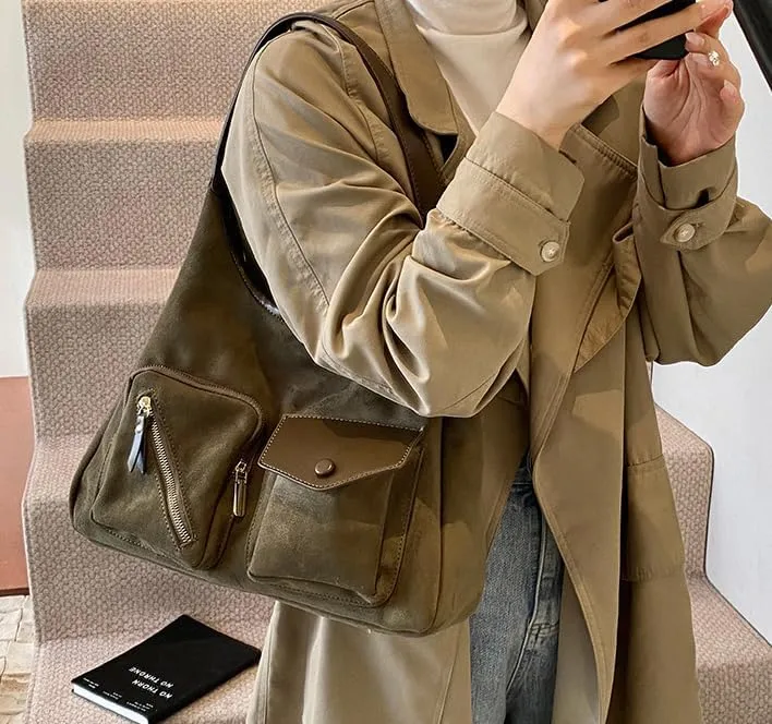 Women Vintage Fashion Large Capacity Tote Bag Shoulder Bag Slouchy Hobo Bag Suede Underarm Bag Casual Satchel Purse