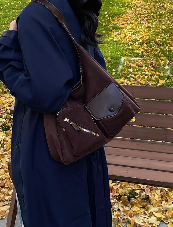Women Vintage Fashion Large Capacity Tote Bag Shoulder Bag Slouchy Hobo Bag Suede Underarm Bag Casual Satchel Purse