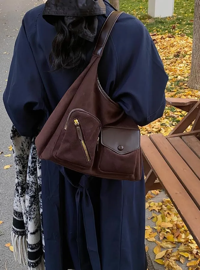 Women Vintage Fashion Large Capacity Tote Bag Shoulder Bag Slouchy Hobo Bag Suede Underarm Bag Casual Satchel Purse