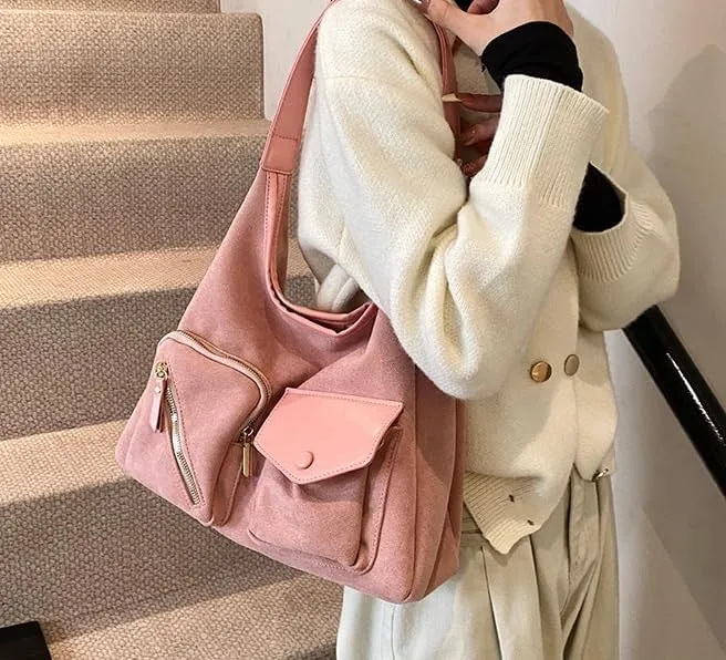 Women Vintage Fashion Large Capacity Tote Bag Shoulder Bag Slouchy Hobo Bag Suede Underarm Bag Casual Satchel Purse