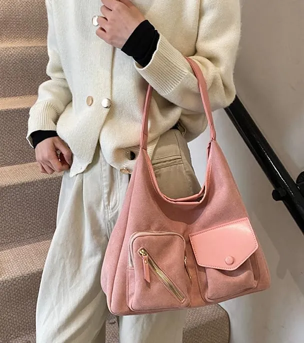 Women Vintage Fashion Large Capacity Tote Bag Shoulder Bag Slouchy Hobo Bag Suede Underarm Bag Casual Satchel Purse