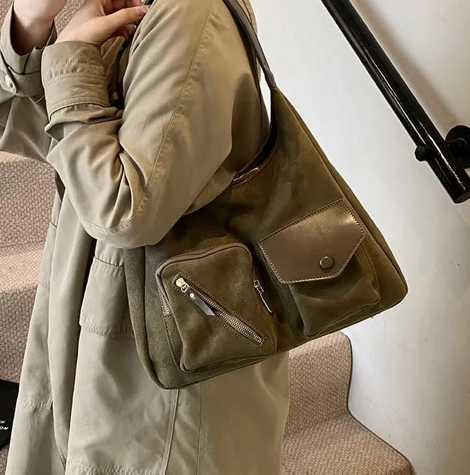 Women Vintage Fashion Large Capacity Tote Bag Shoulder Bag Slouchy Hobo Bag Suede Underarm Bag Casual Satchel Purse