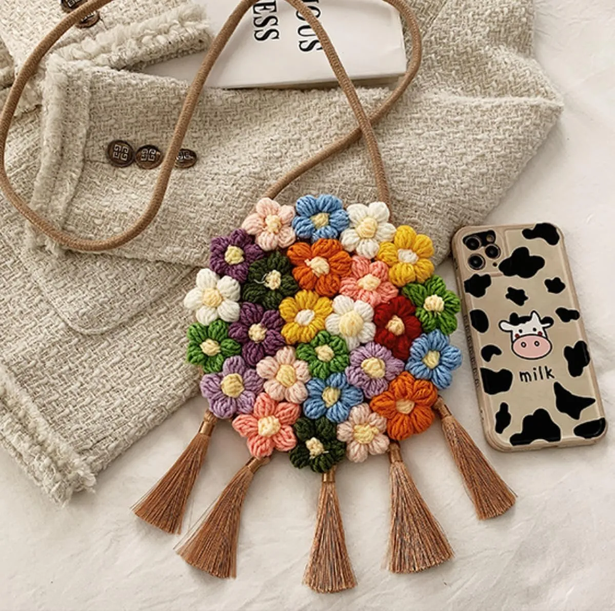 Women Woven Shoulder Bag, Floral Clutch Magnetic Buckle Flower Purse Crochet Crossbody Bag for Casual Daily Parties Prom