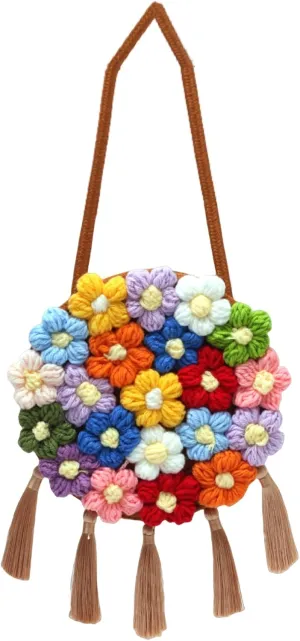 Women Woven Shoulder Bag, Floral Clutch Magnetic Buckle Flower Purse Crochet Crossbody Bag for Casual Daily Parties Prom