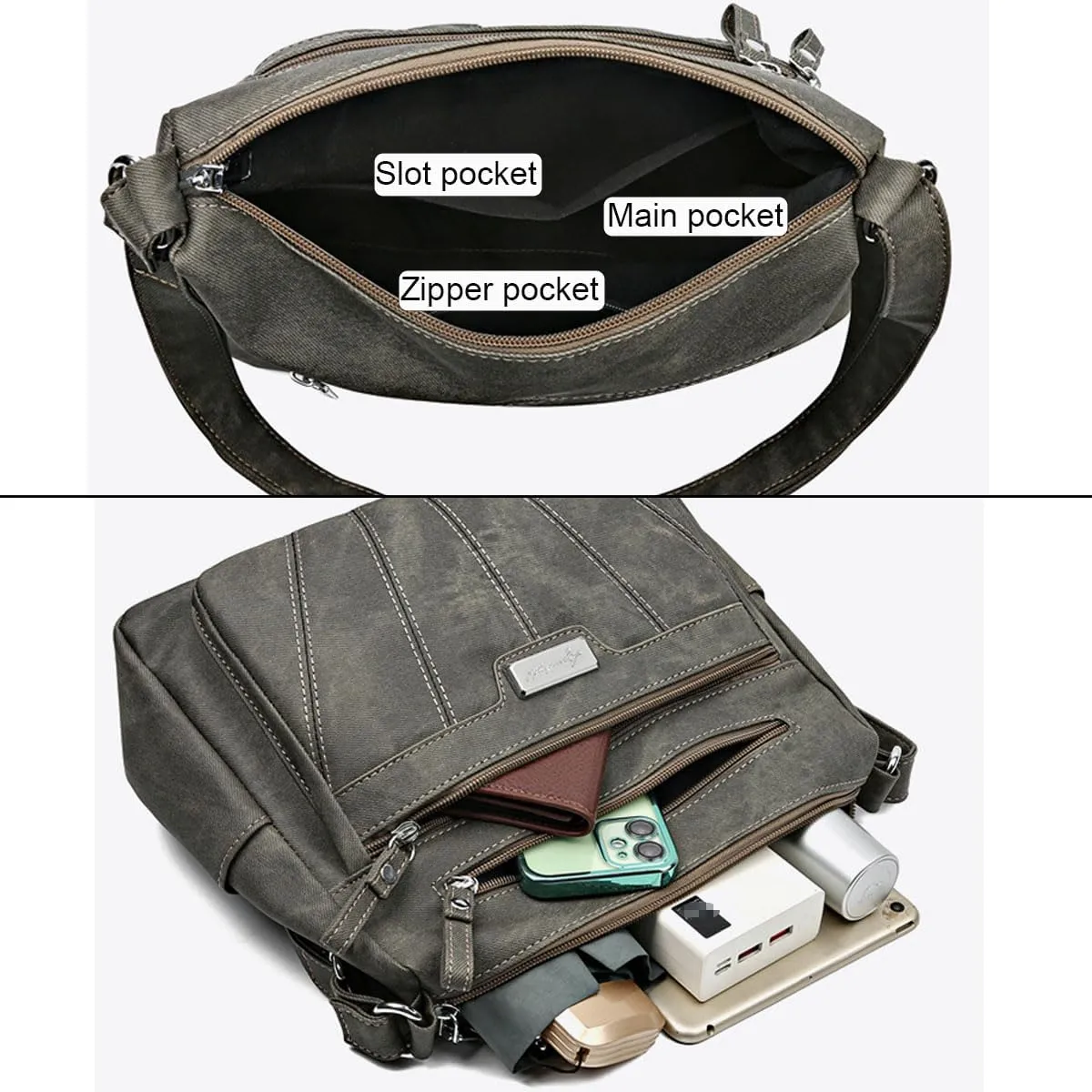 Women Zipper Shoulder Bag Multiple Pockets Ladies Crossbody Purse Leather Tote Roomy Top Handle Satchel