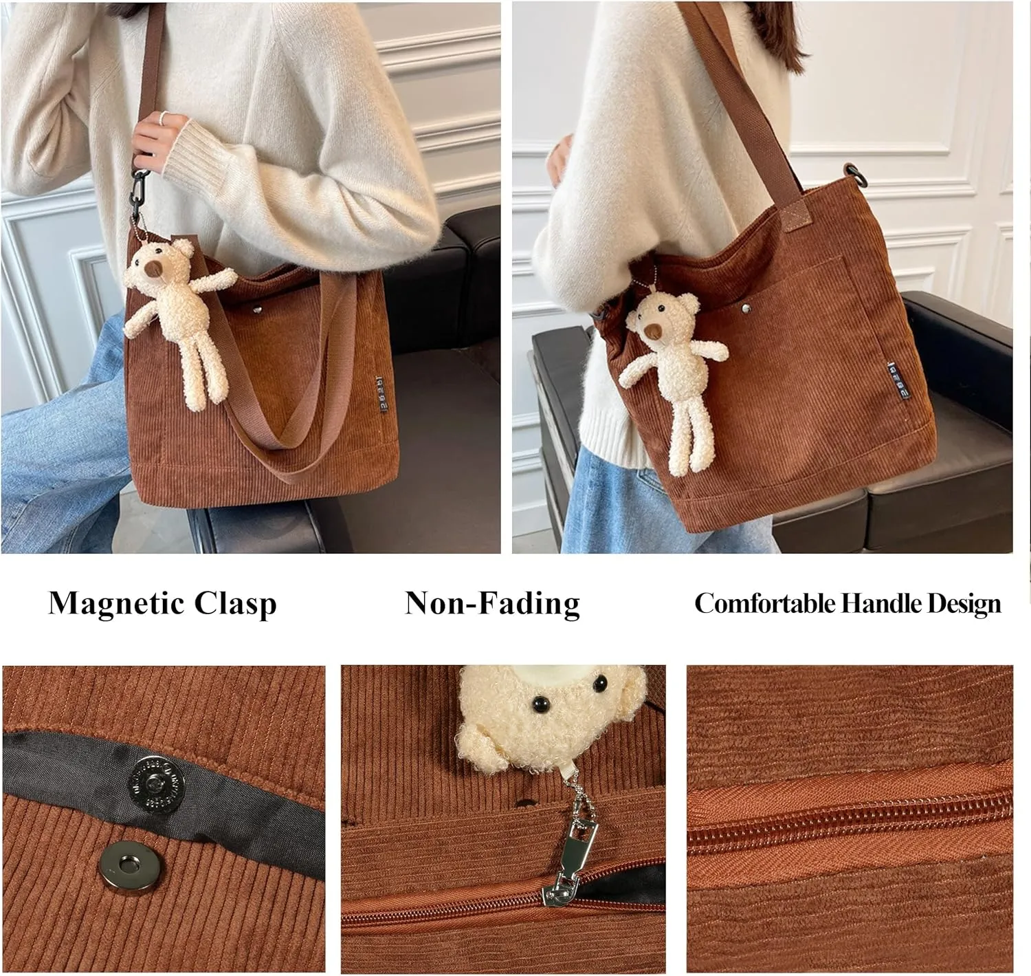 Women's Corduroy Tote Bag Zipper Tote's Handbag Retro Large Hobo Crossbody Handbag Casual Tote Shoulder Bag Gifts