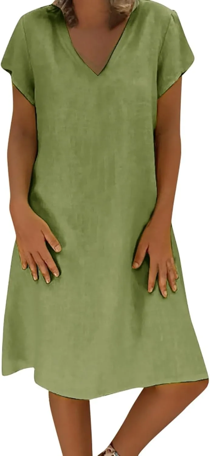 Women's Cotton Linen Midi Dress Summer Plus Size V-Neck Short Sleeve T Shirt Dresses Flowy Solid Color Beach Dress