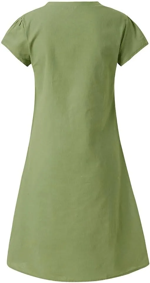 Women's Cotton Linen Midi Dress Summer Plus Size V-Neck Short Sleeve T Shirt Dresses Flowy Solid Color Beach Dress