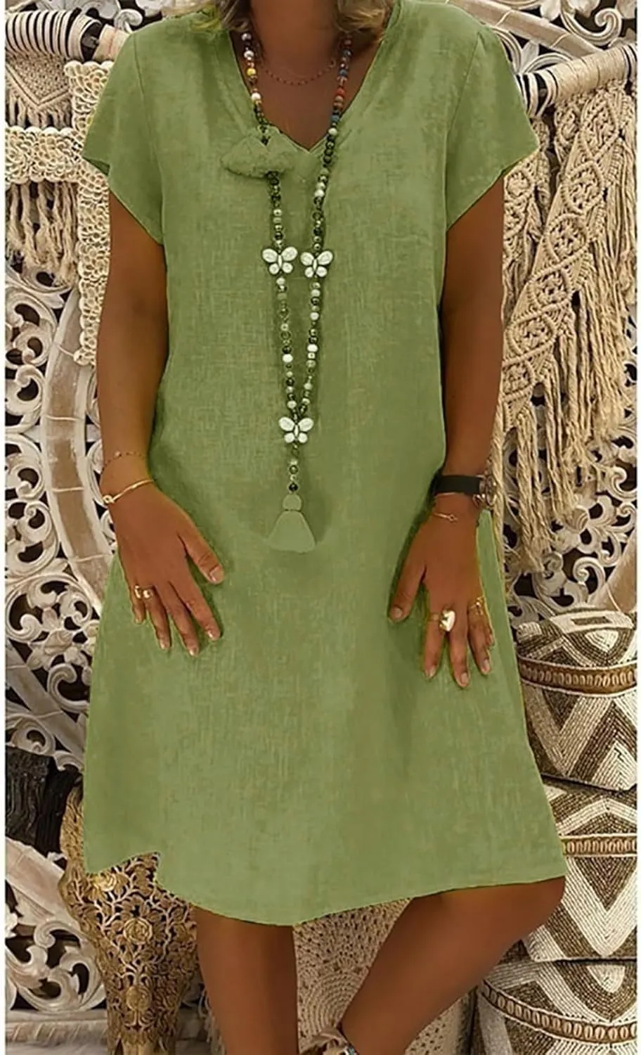 Women's Cotton Linen Midi Dress Summer Plus Size V-Neck Short Sleeve T Shirt Dresses Flowy Solid Color Beach Dress