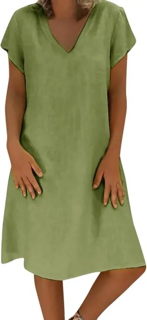 Women's Cotton Linen Midi Dress Summer Plus Size V-Neck Short Sleeve T Shirt Dresses Flowy Solid Color Beach Dress