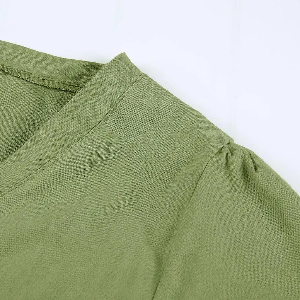 Women's Cotton Linen Midi Dress Summer Plus Size V-Neck Short Sleeve T Shirt Dresses Flowy Solid Color Beach Dress