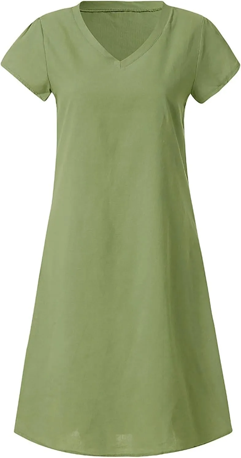 Women's Cotton Linen Midi Dress Summer Plus Size V-Neck Short Sleeve T Shirt Dresses Flowy Solid Color Beach Dress