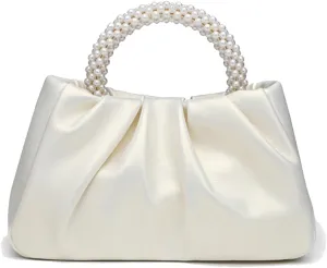 Womens Evening Clutch Pearl Purses Soft Leather Ruched Small Pearl Handbags Party Wedding Crossbody Shoulder Bags