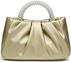 Womens Evening Clutch Pearl Purses Soft Leather Ruched Small Pearl Handbags Party Wedding Crossbody Shoulder Bags