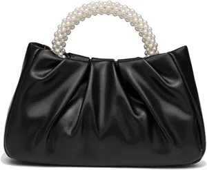 Womens Evening Clutch Pearl Purses Soft Leather Ruched Small Pearl Handbags Party Wedding Crossbody Shoulder Bags