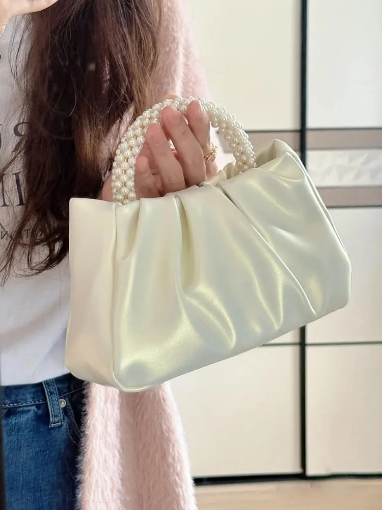 Womens Evening Clutch Pearl Purses Soft Leather Ruched Small Pearl Handbags Party Wedding Crossbody Shoulder Bags