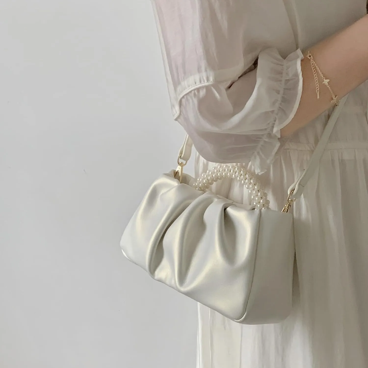 Womens Evening Clutch Pearl Purses Soft Leather Ruched Small Pearl Handbags Party Wedding Crossbody Shoulder Bags