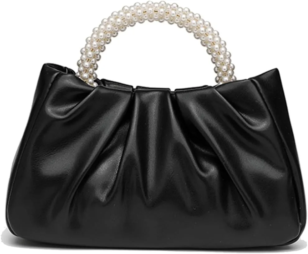 Womens Evening Clutch Pearl Purses Soft Leather Ruched Small Pearl Handbags Party Wedding Crossbody Shoulder Bags