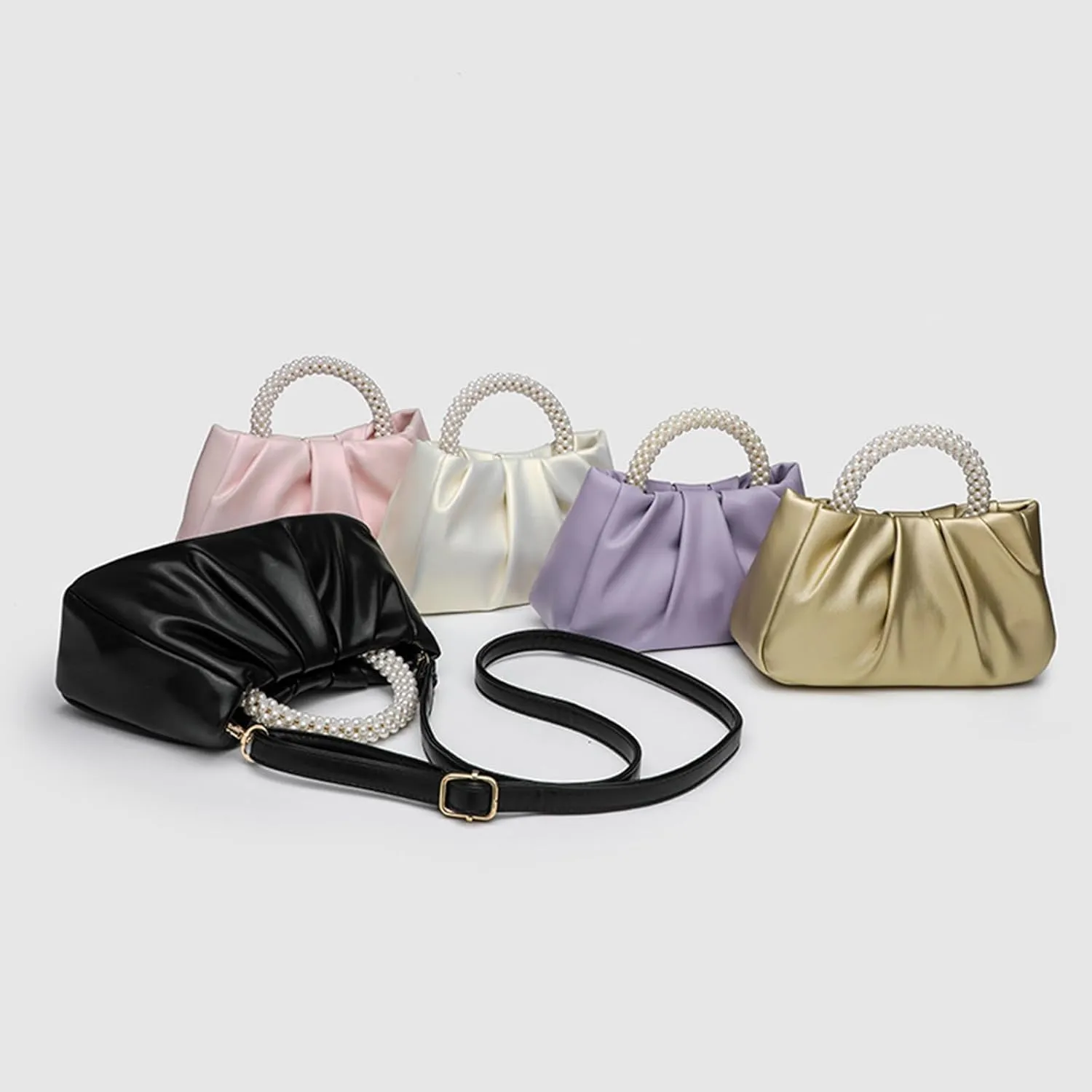 Womens Evening Clutch Pearl Purses Soft Leather Ruched Small Pearl Handbags Party Wedding Crossbody Shoulder Bags
