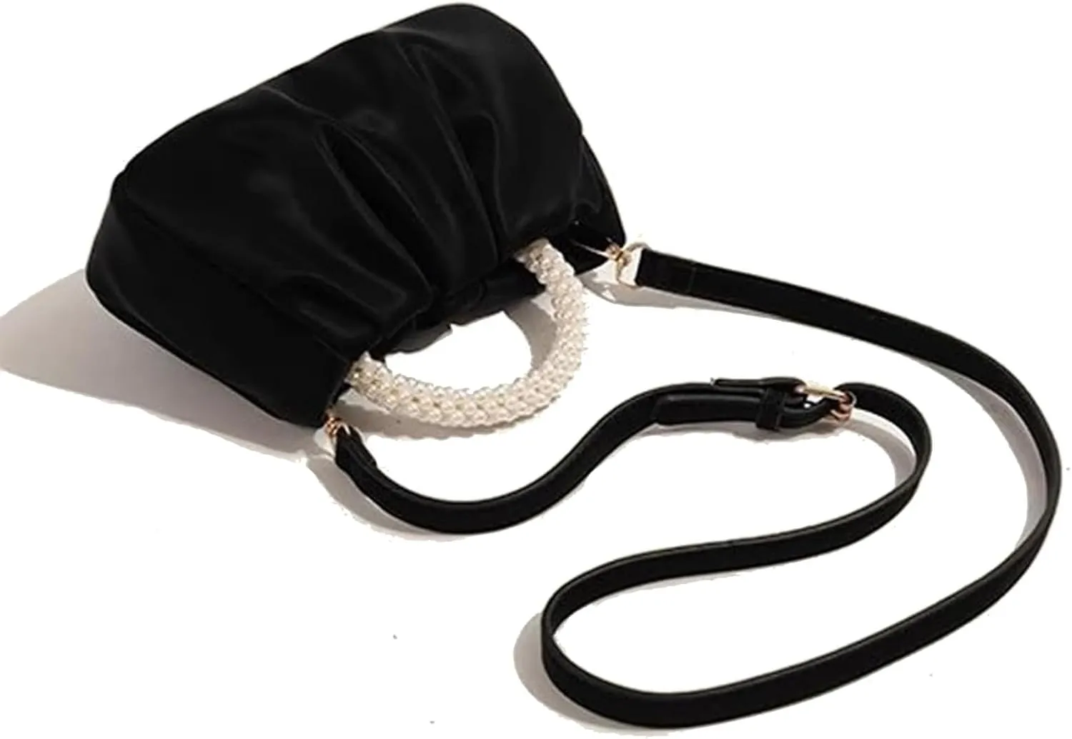 Womens Evening Clutch Pearl Purses Soft Leather Ruched Small Pearl Handbags Party Wedding Crossbody Shoulder Bags