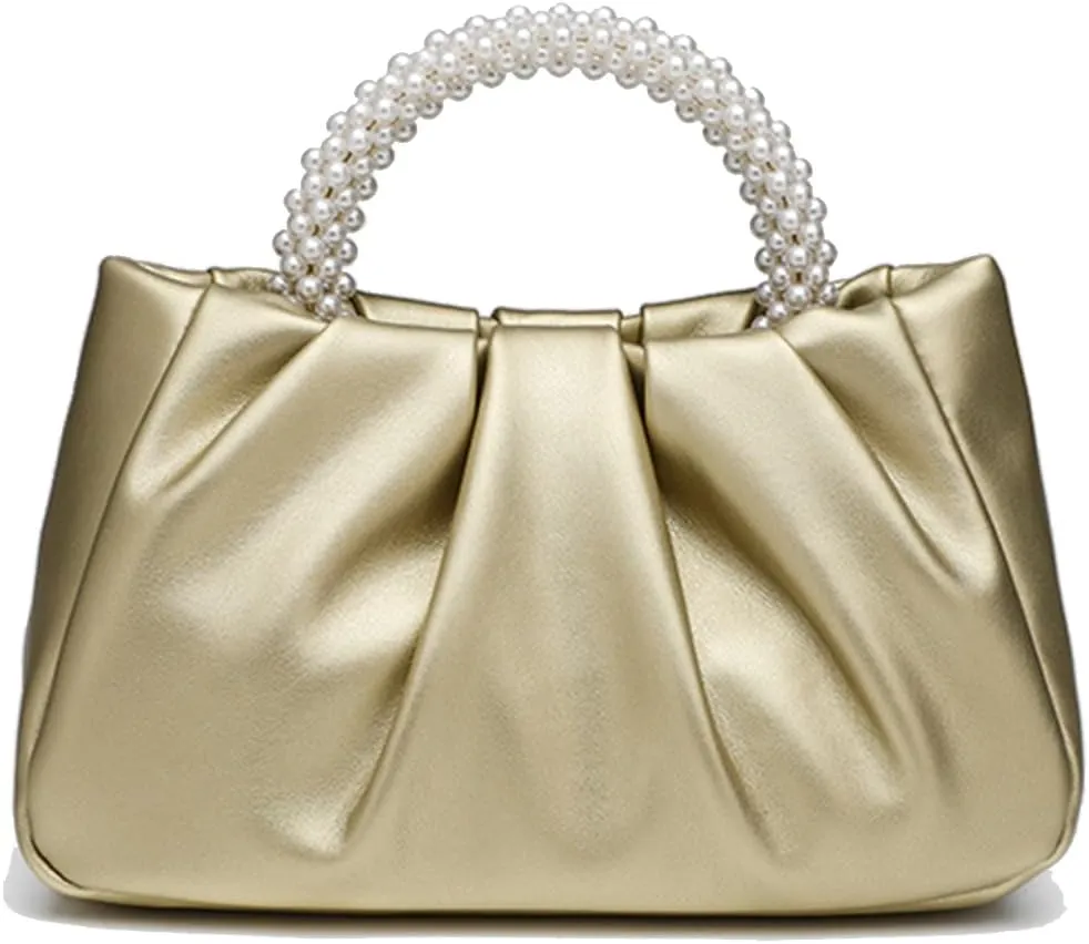 Womens Evening Clutch Pearl Purses Soft Leather Ruched Small Pearl Handbags Party Wedding Crossbody Shoulder Bags