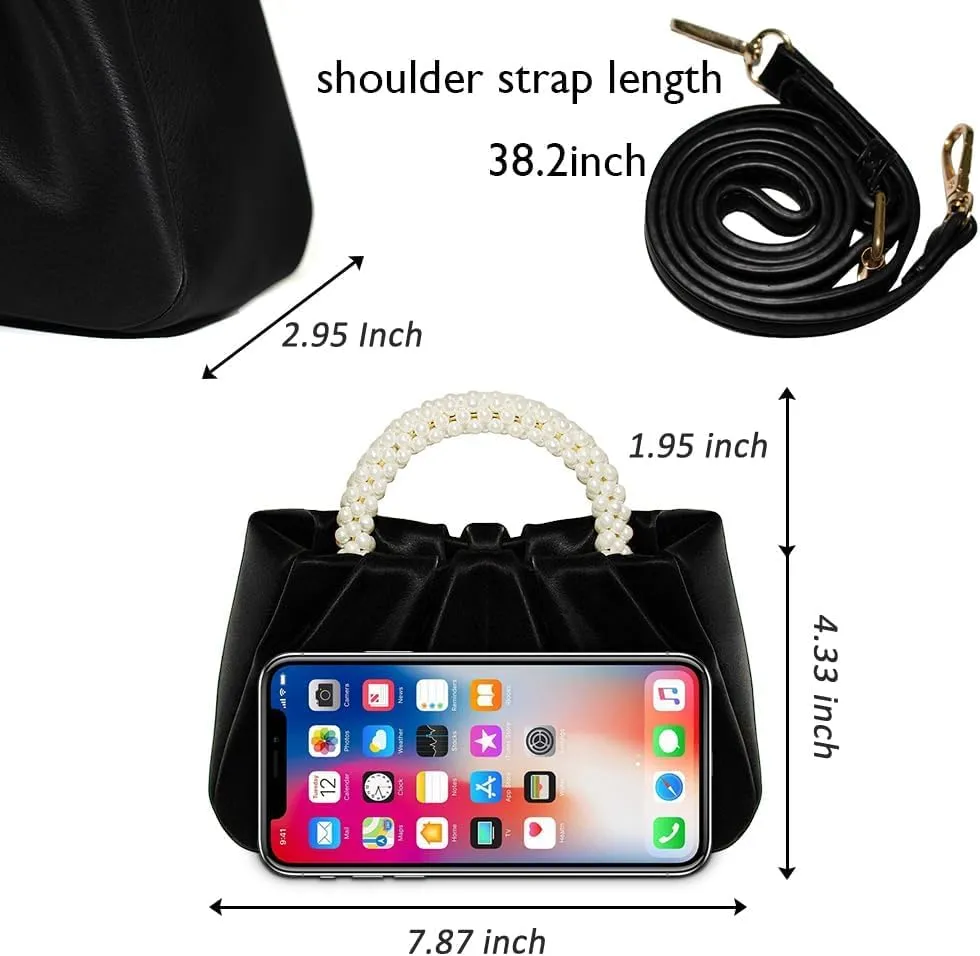 Womens Evening Clutch Pearl Purses Soft Leather Ruched Small Pearl Handbags Party Wedding Crossbody Shoulder Bags