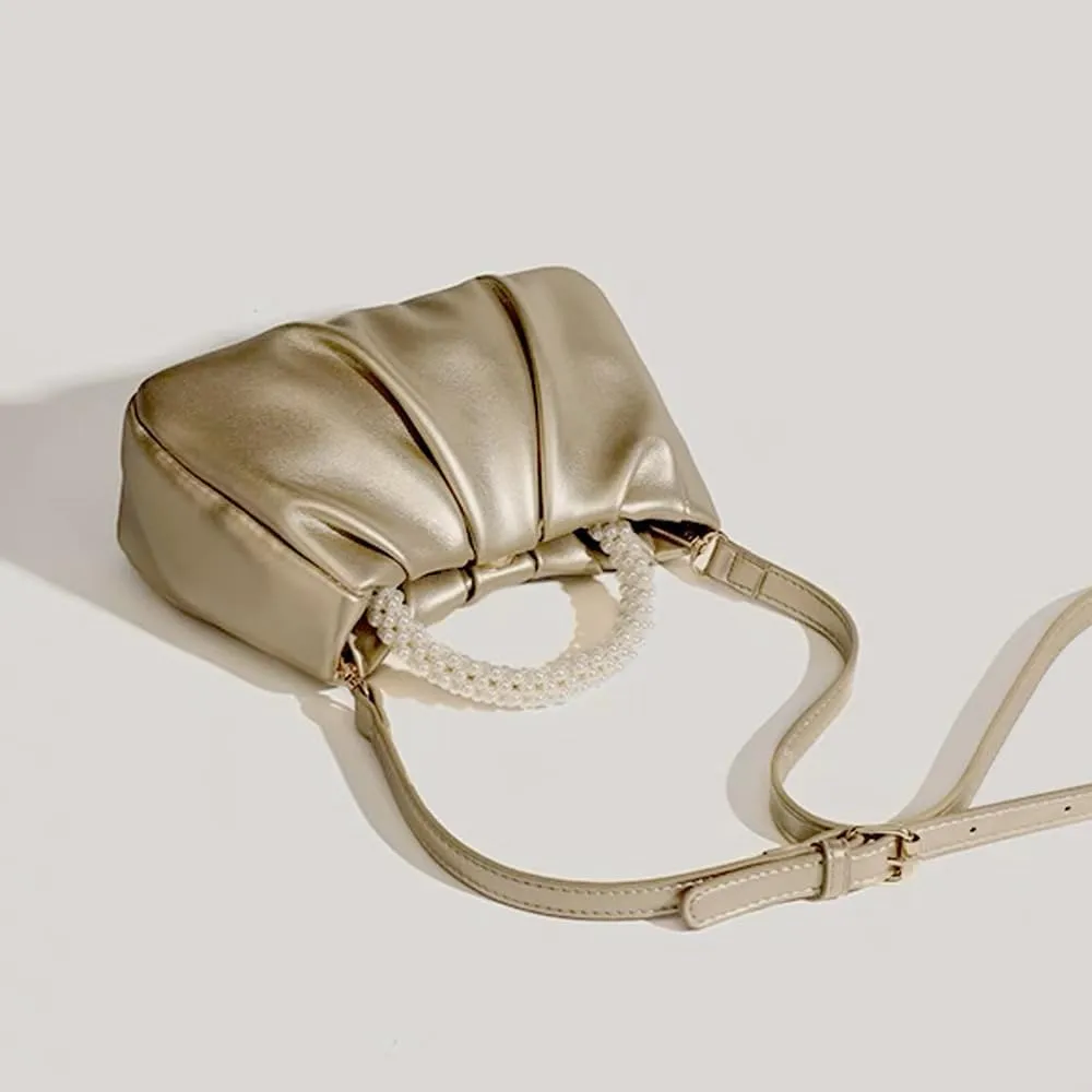 Womens Evening Clutch Pearl Purses Soft Leather Ruched Small Pearl Handbags Party Wedding Crossbody Shoulder Bags