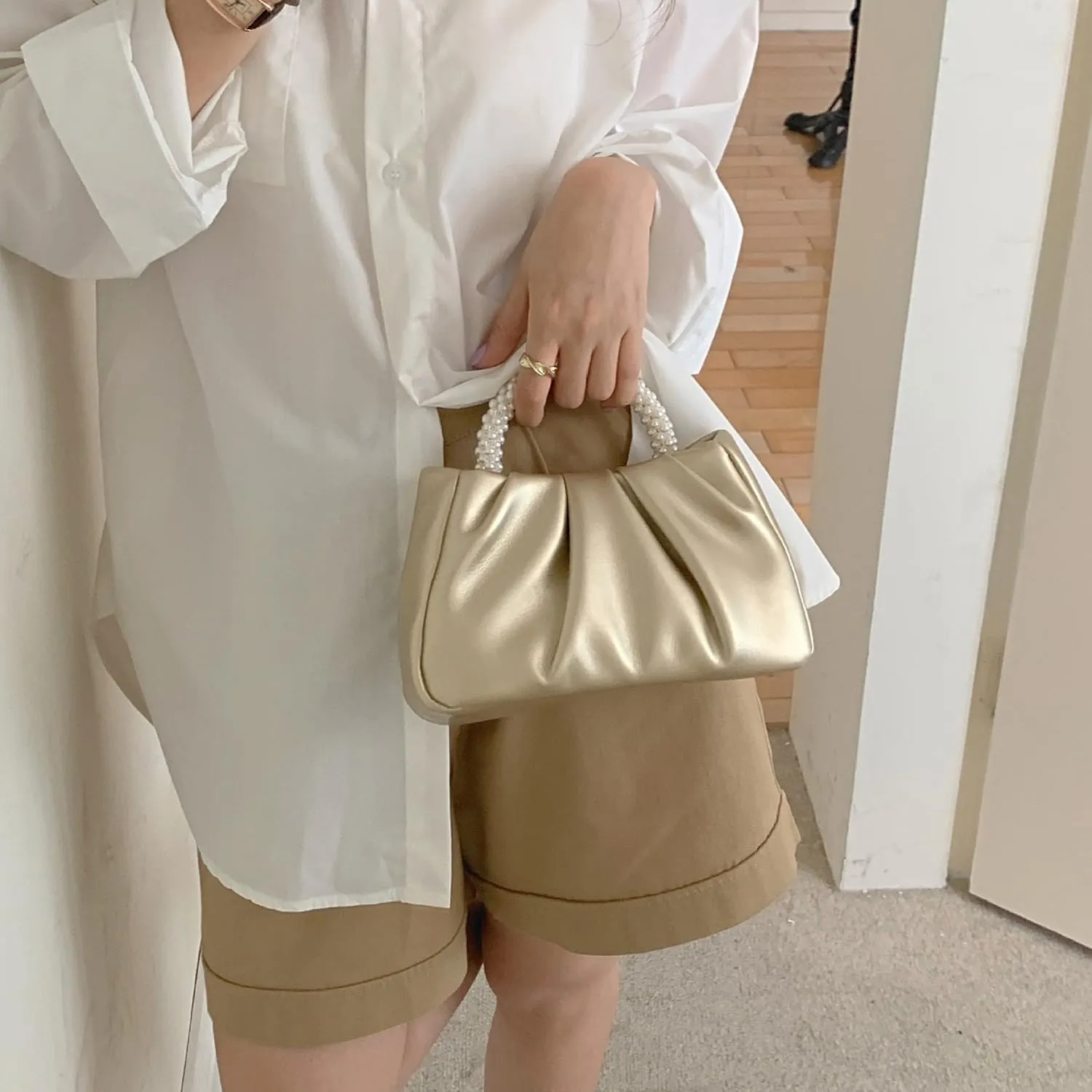 Womens Evening Clutch Pearl Purses Soft Leather Ruched Small Pearl Handbags Party Wedding Crossbody Shoulder Bags