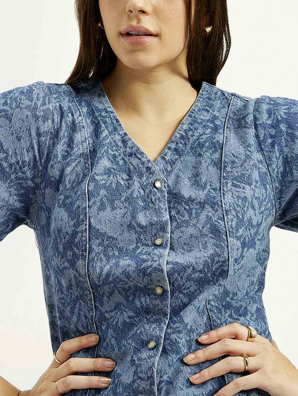 Women's Floral Blue V Neck Dress