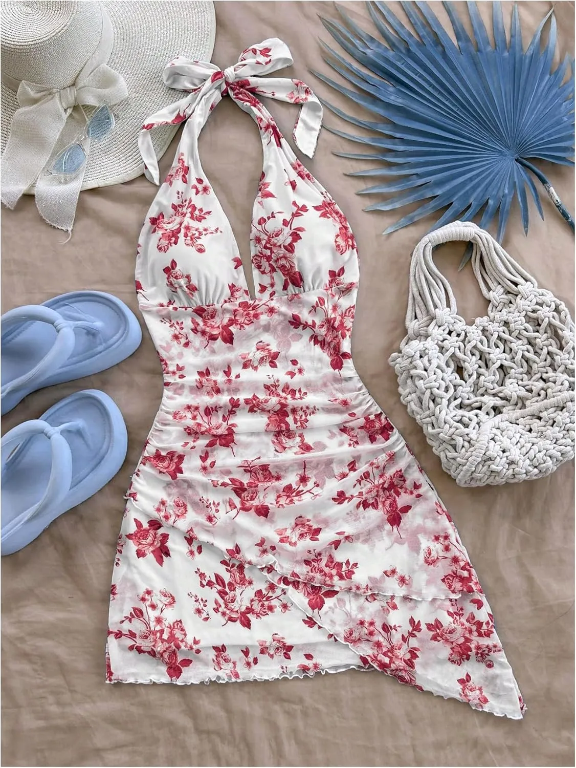 Women's Floral Print Sleeveless Halter Deep V Tie Mini Dress Ruched Backless Slim Fit Cami Dresses Knot Boho Dress