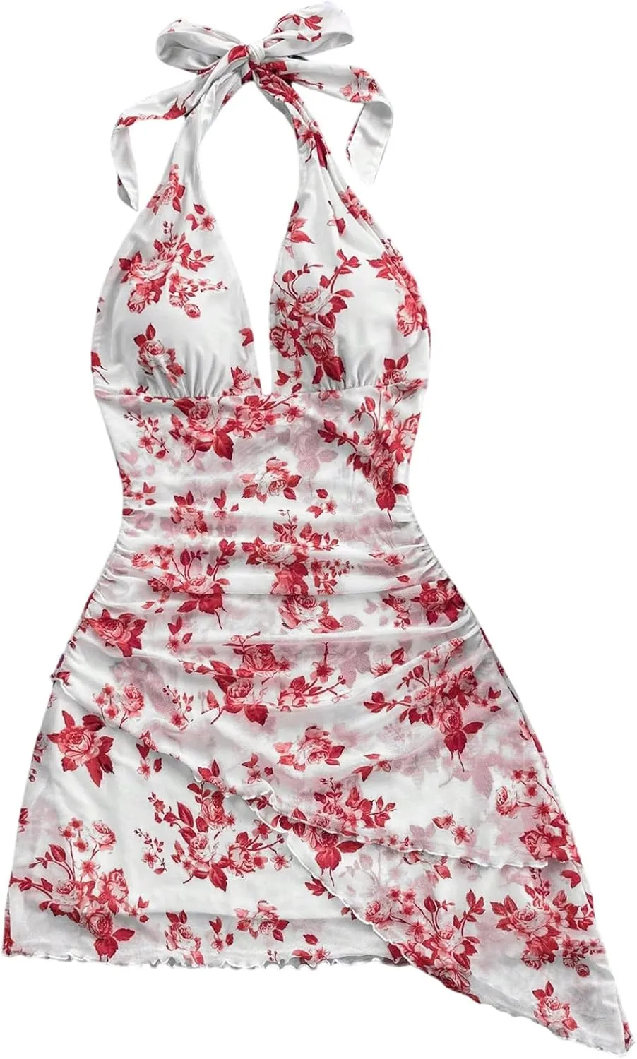 Women's Floral Print Sleeveless Halter Deep V Tie Mini Dress Ruched Backless Slim Fit Cami Dresses Knot Boho Dress