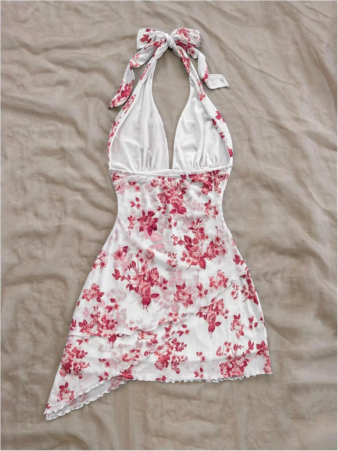 Women's Floral Print Sleeveless Halter Deep V Tie Mini Dress Ruched Backless Slim Fit Cami Dresses Knot Boho Dress