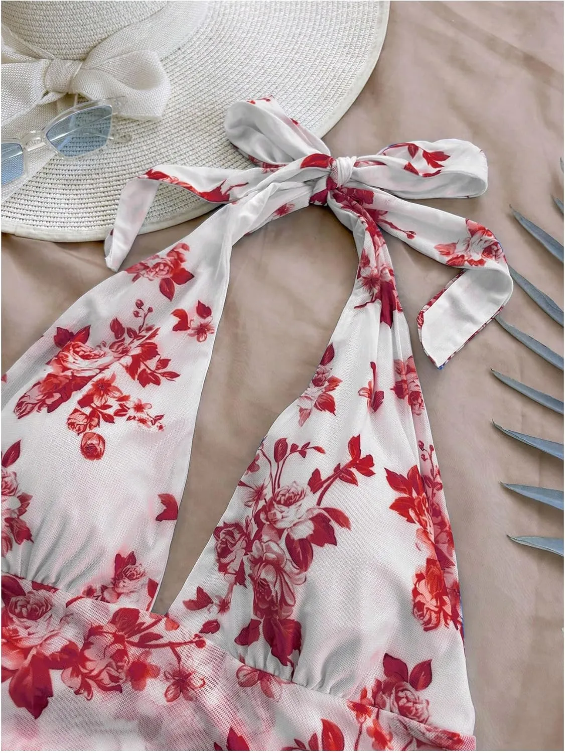 Women's Floral Print Sleeveless Halter Deep V Tie Mini Dress Ruched Backless Slim Fit Cami Dresses Knot Boho Dress