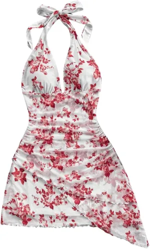 Women's Floral Print Sleeveless Halter Deep V Tie Mini Dress Ruched Backless Slim Fit Cami Dresses Knot Boho Dress