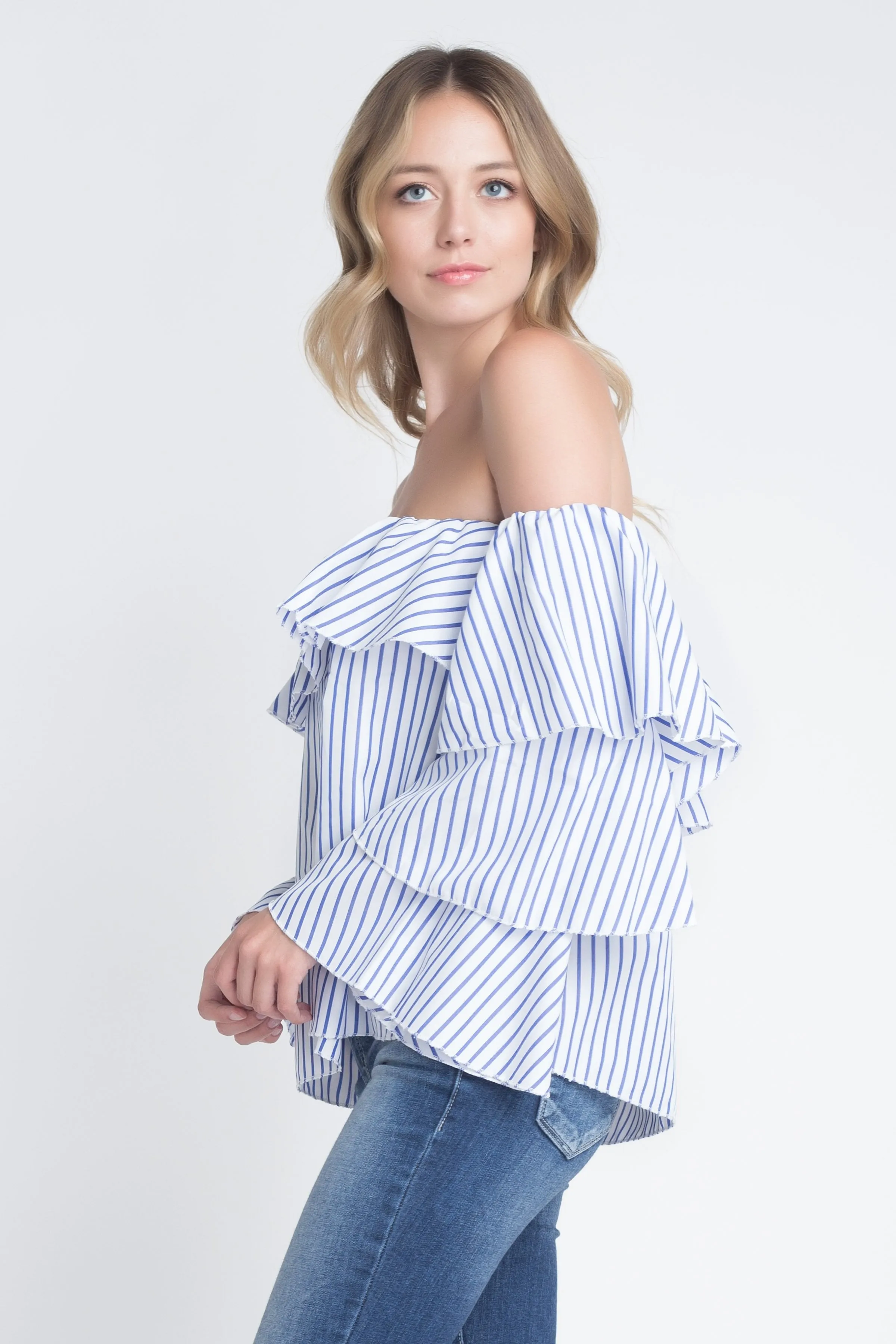 Women's Off Shoulder Stripe Ruffle Long Sleeve Top