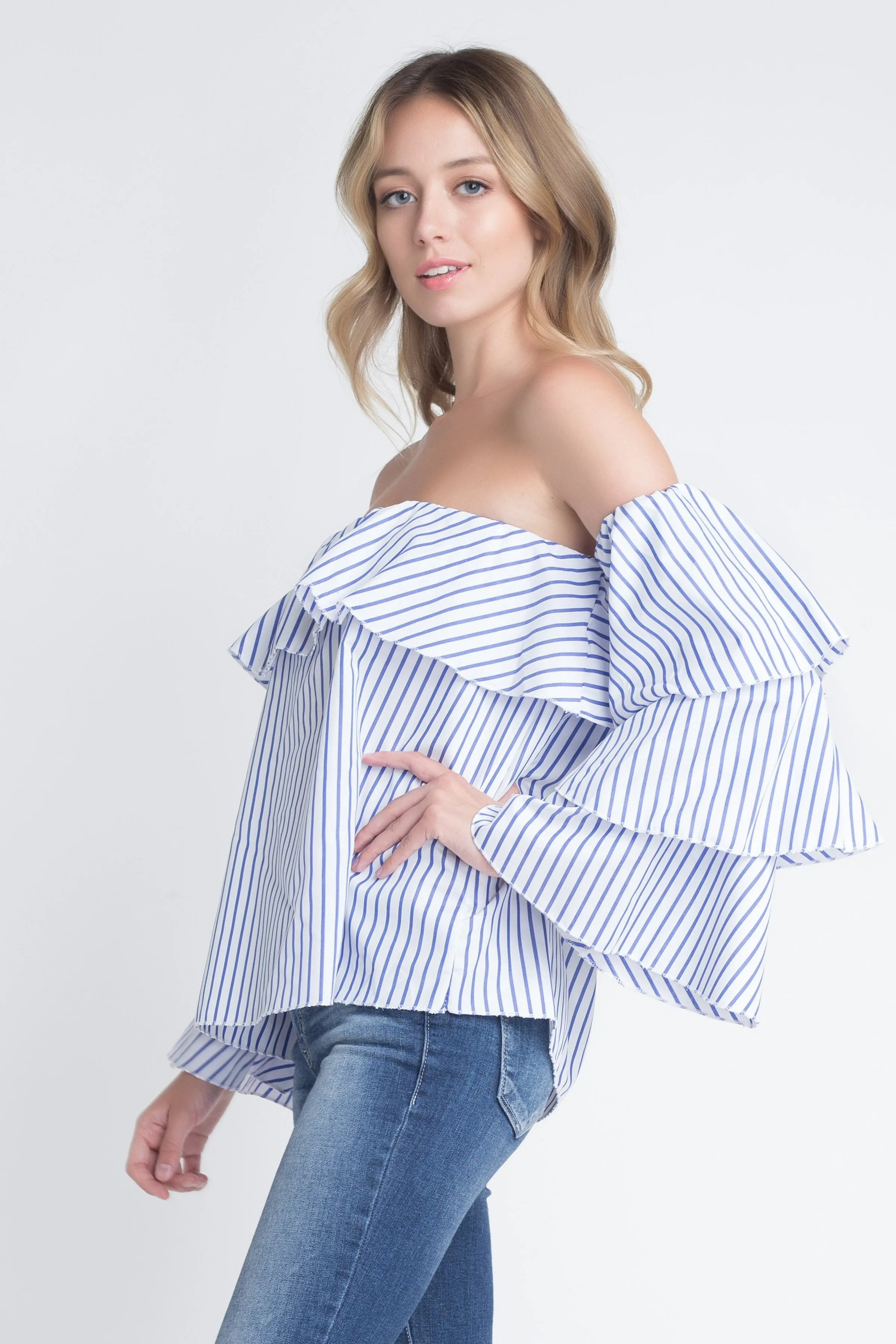 Women's Off Shoulder Stripe Ruffle Long Sleeve Top