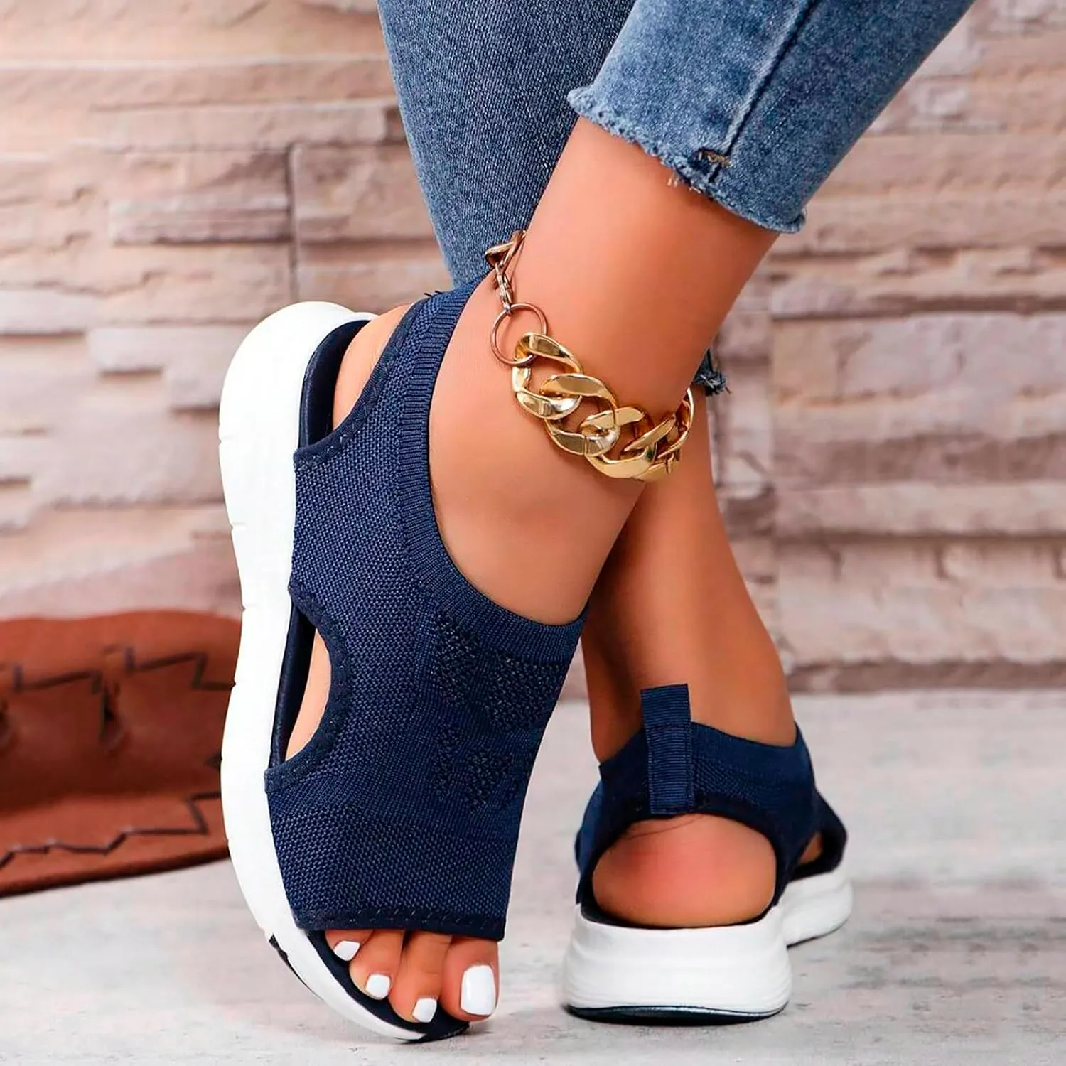 Womens Orthopedic Platform Wedge Walking Sandals with Elastic Ankle Strap Open Toe Breathable Mesh Slingback Casual Knit Flat Sandals Sports Shoes for Athletic Summer Beach Dressy