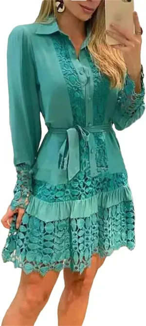 Women's Spring Hollow Out Floral Solid Color Casual Sexy Lace Patch Shirt Dress Mini Dress