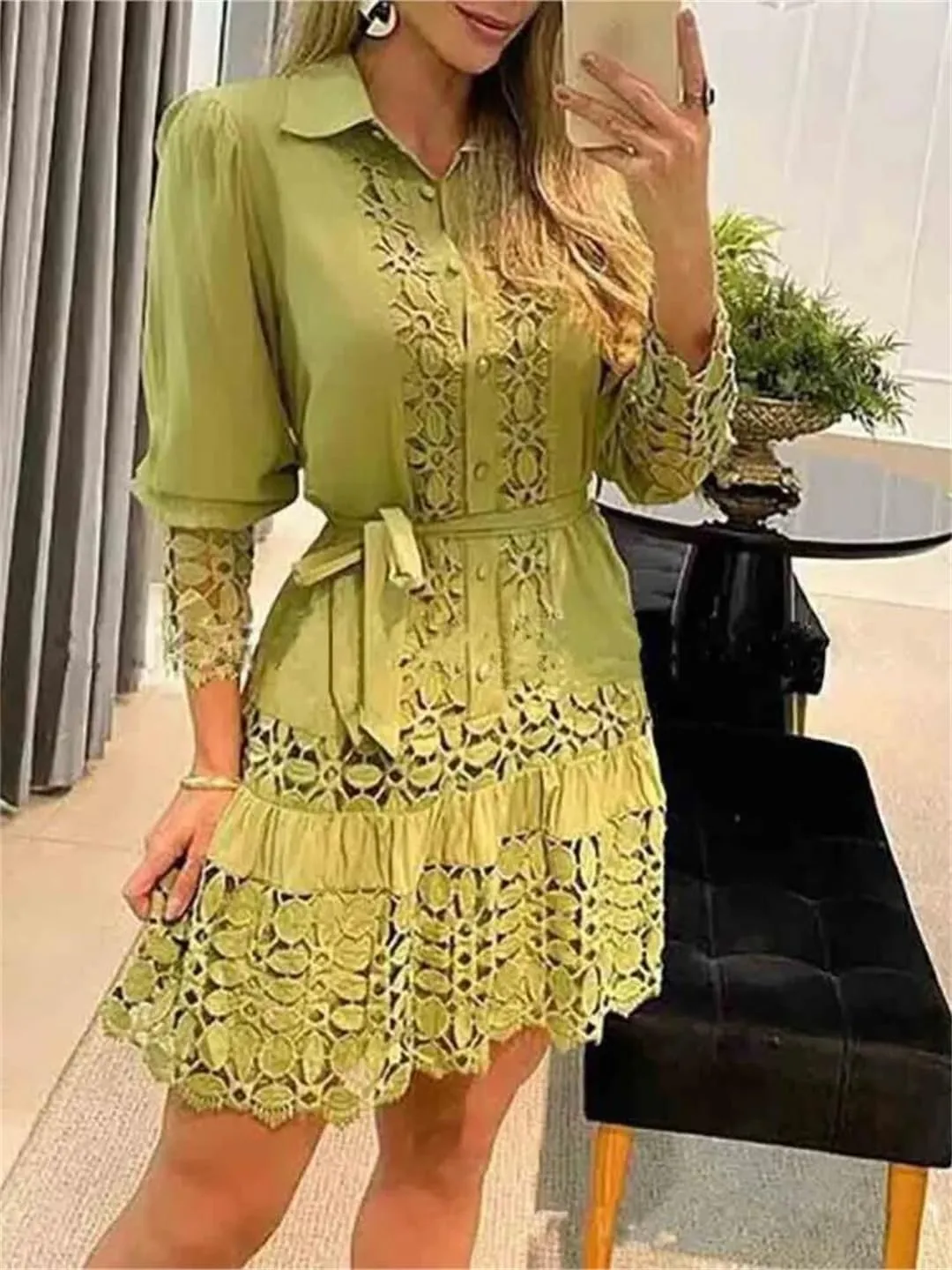 Women's Spring Hollow Out Floral Solid Color Casual Sexy Lace Patch Shirt Dress Mini Dress