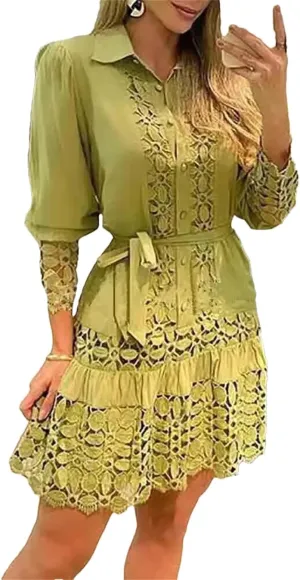 Women's Spring Hollow Out Floral Solid Color Casual Sexy Lace Patch Shirt Dress Mini Dress