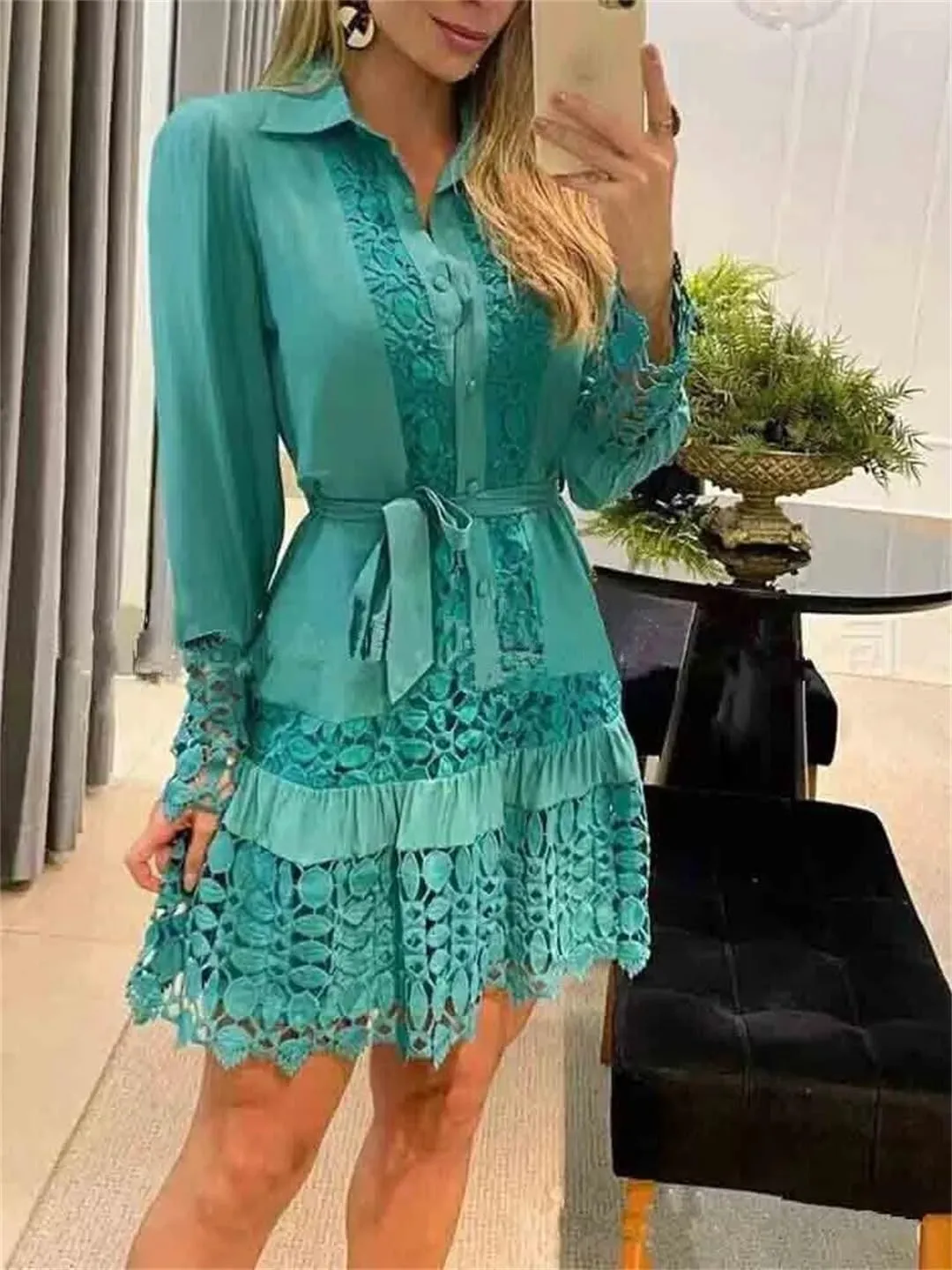 Women's Spring Hollow Out Floral Solid Color Casual Sexy Lace Patch Shirt Dress Mini Dress