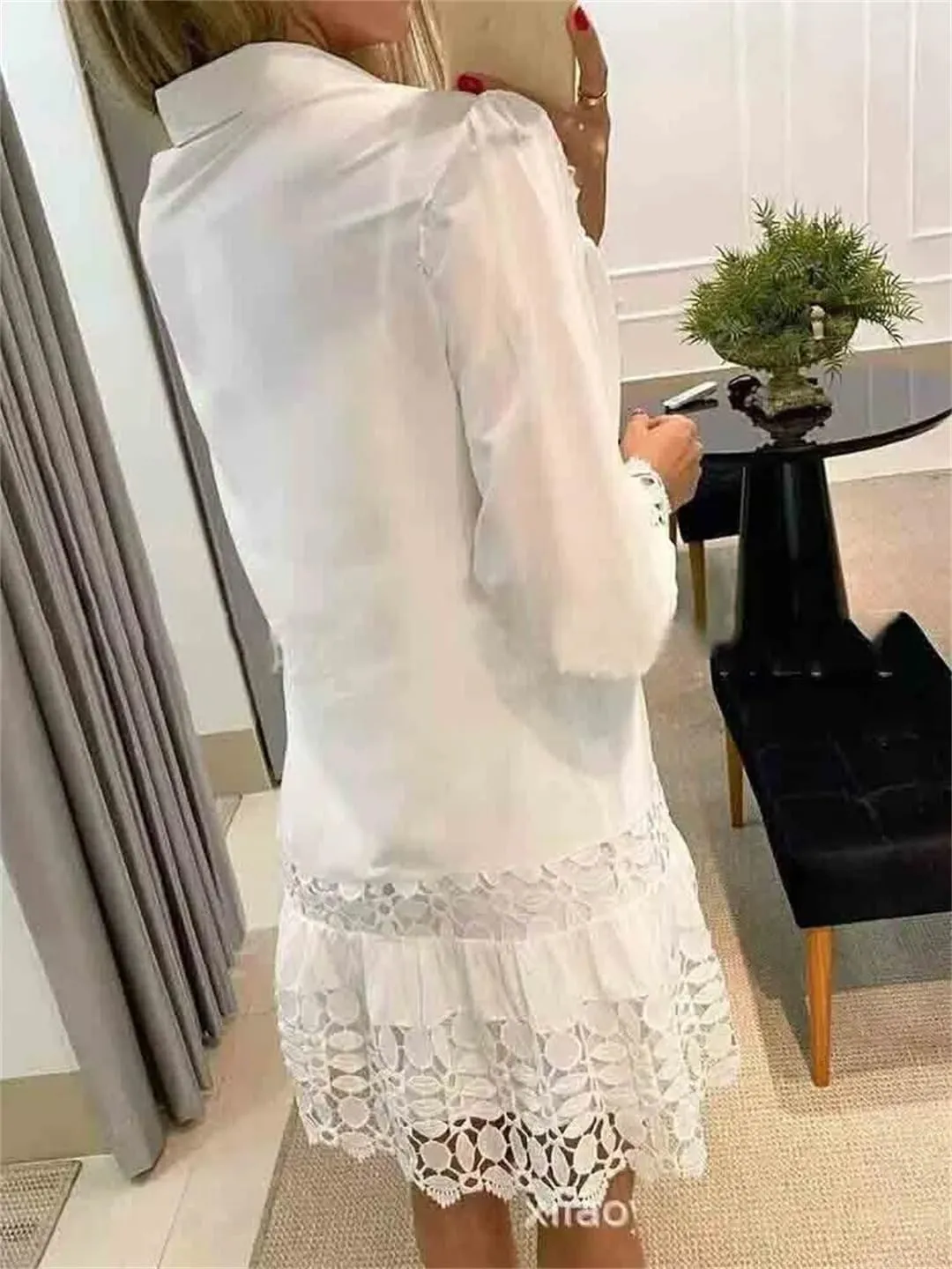 Women's Spring Hollow Out Floral Solid Color Casual Sexy Lace Patch Shirt Dress Mini Dress