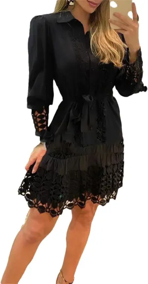 Women's Spring Hollow Out Floral Solid Color Casual Sexy Lace Patch Shirt Dress Mini Dress