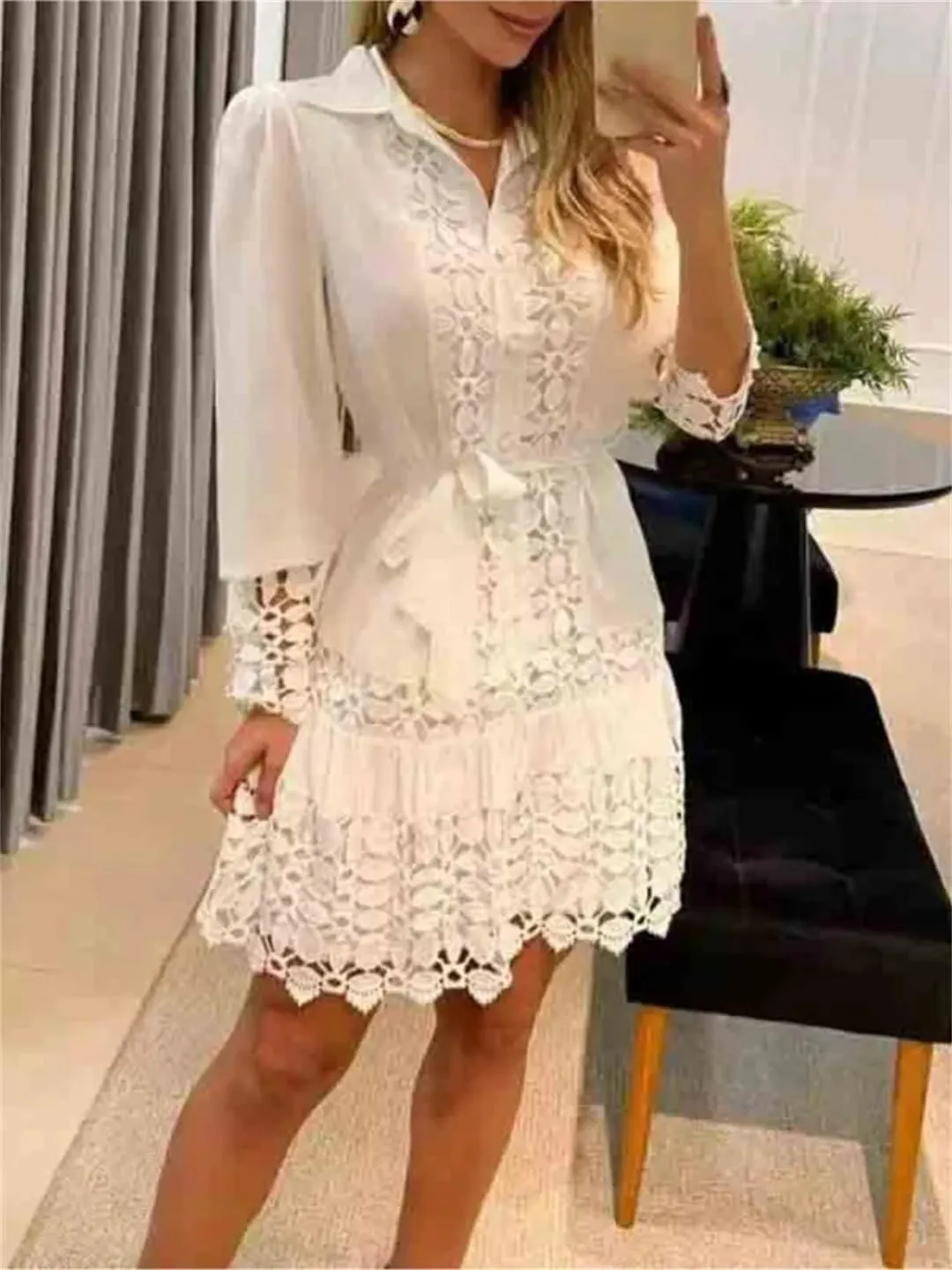 Women's Spring Hollow Out Floral Solid Color Casual Sexy Lace Patch Shirt Dress Mini Dress
