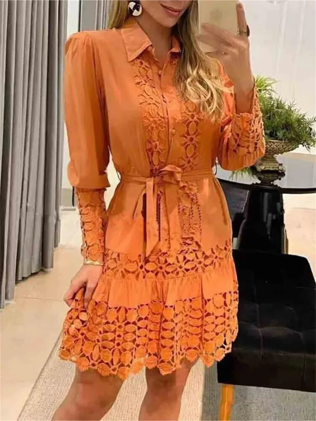 Women's Spring Hollow Out Floral Solid Color Casual Sexy Lace Patch Shirt Dress Mini Dress