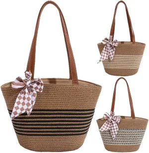 Women's Straw Beach Bag Large Straw Stylish Bow Decorated Rattan Shoulder Bag Top Leather Handle Tote Bag Wallet