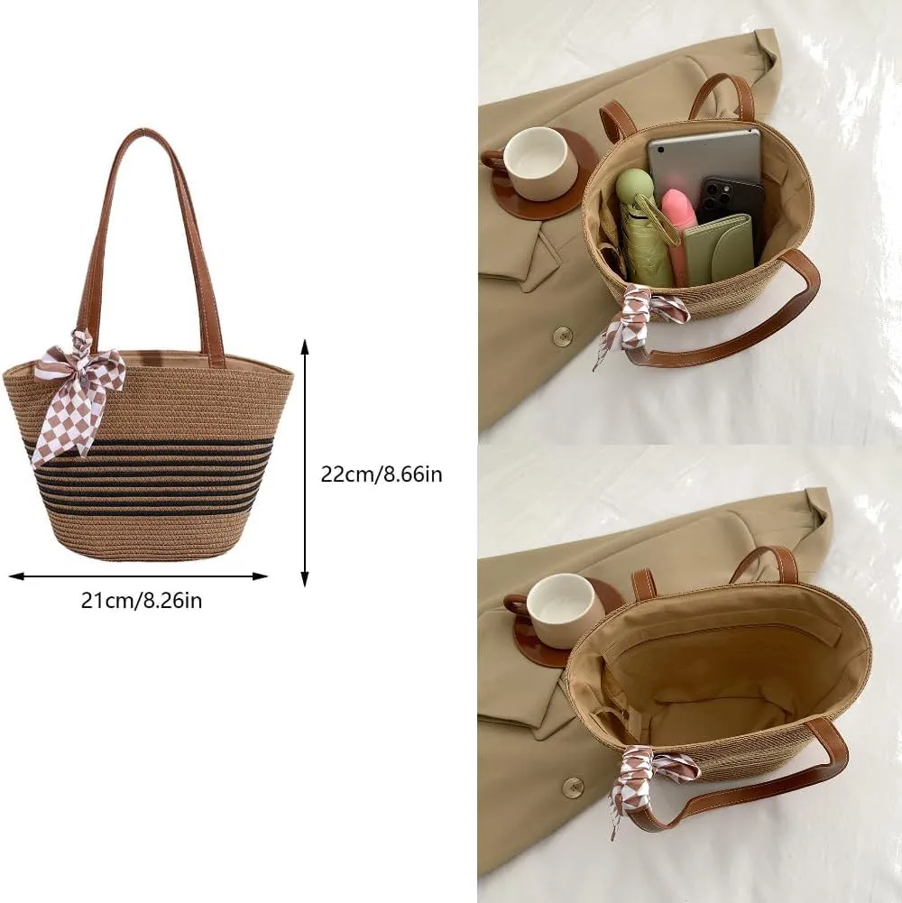 Women's Straw Beach Bag Large Straw Stylish Bow Decorated Rattan Shoulder Bag Top Leather Handle Tote Bag Wallet